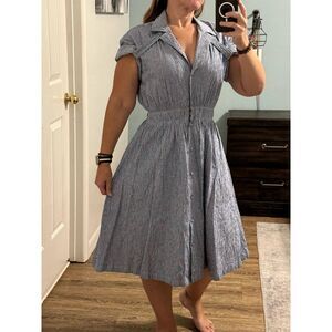 Rosie Assoulin BY any OTHER NAME shirred Waist Midi Tea Dress Blue Stripe Size 6